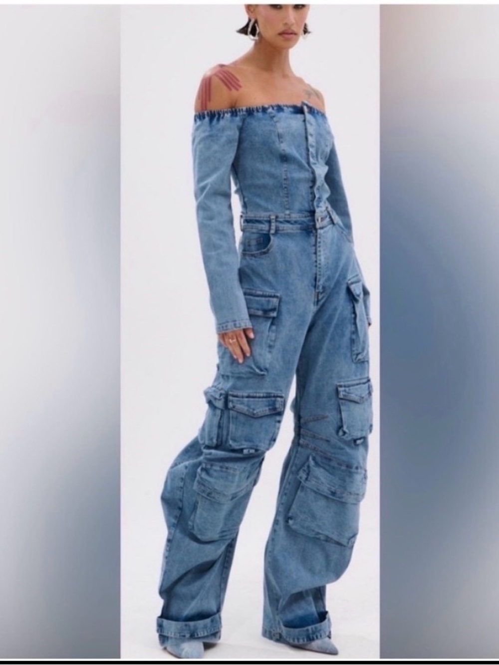 AKIRA Off-Shoulder Denim Cargo Jumpsuit in Medium Blue - Picture 3 of 8